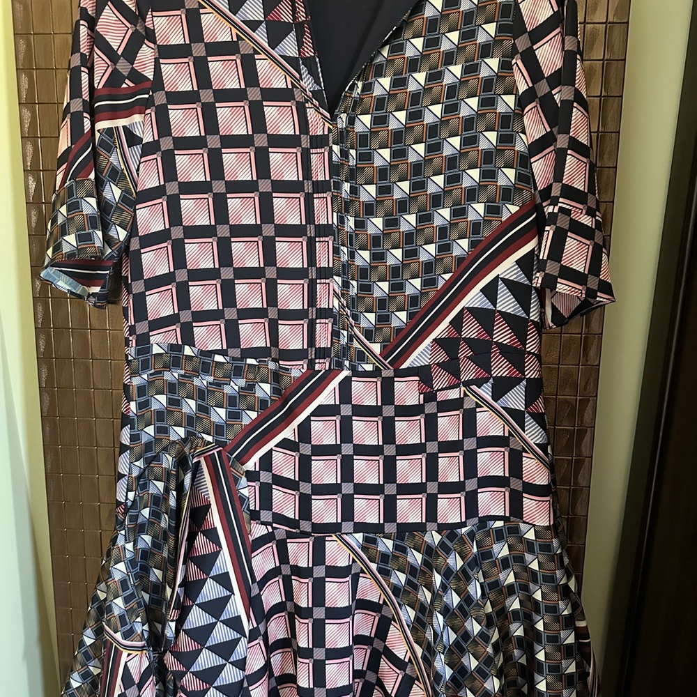 Reiss Pink and Black Asymmetrical Wrap Midi Dress